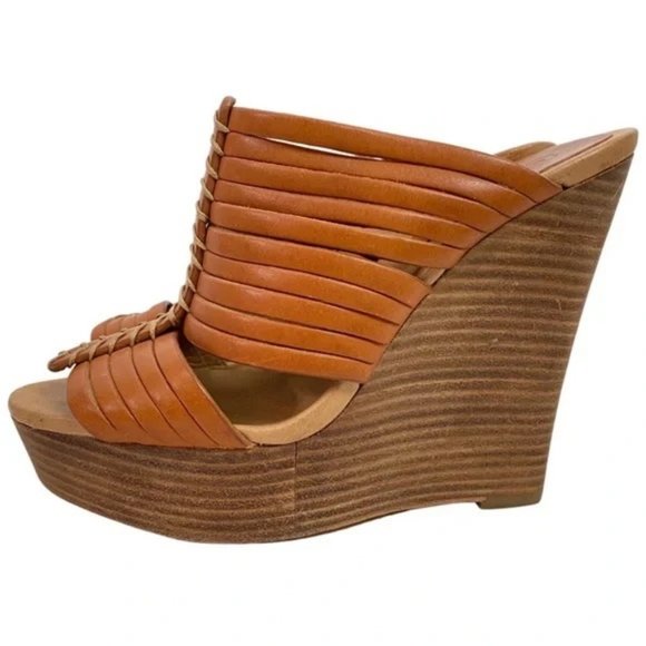 AUTHENTIC COACH BRISTOL LEATHER PLATFORM WEDGE STRAPPY SANDAL SIZE 7 NWOT GINGER - Picture 1 of 7